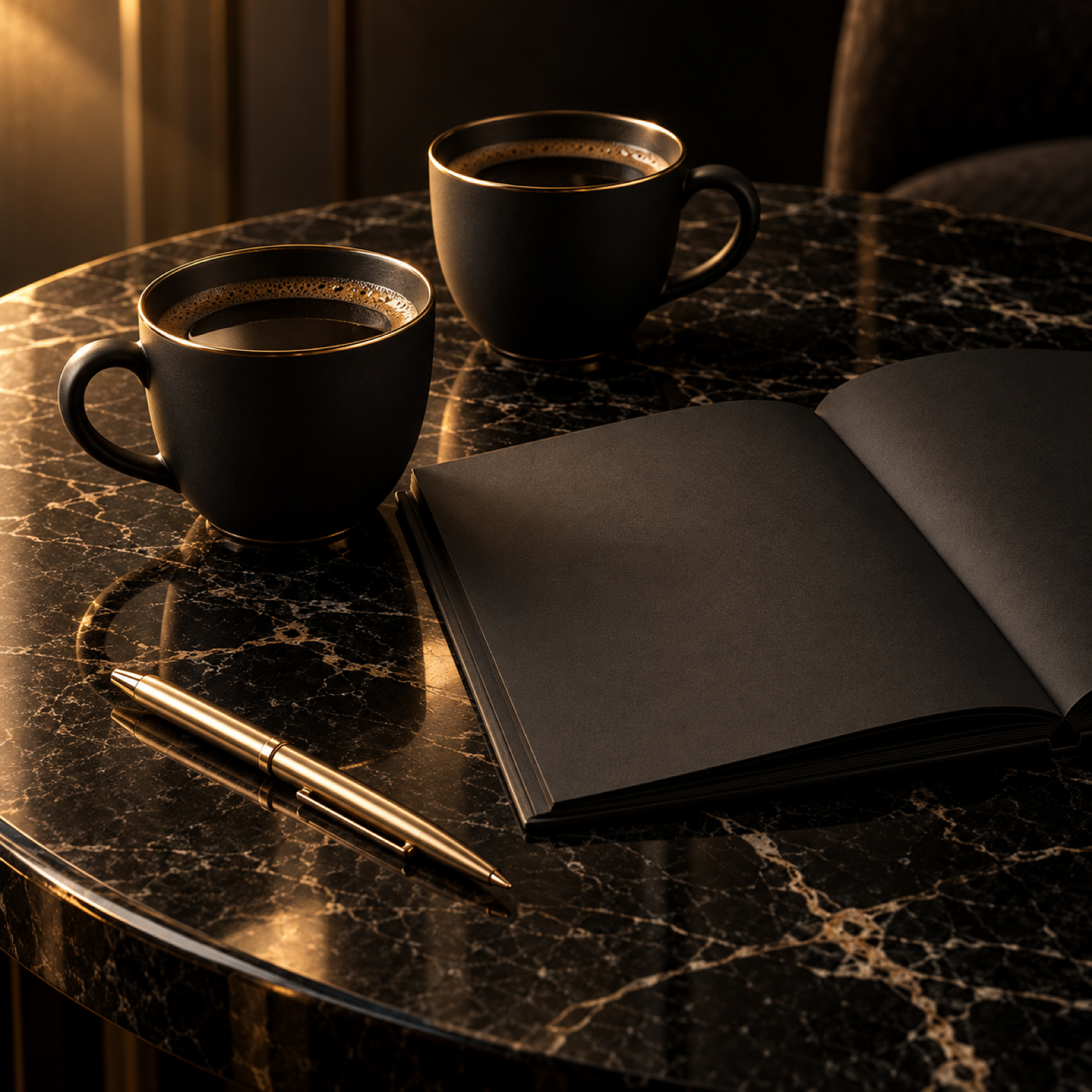 Two black coffee cups with gold rims beside a notebook and pen on a marble table