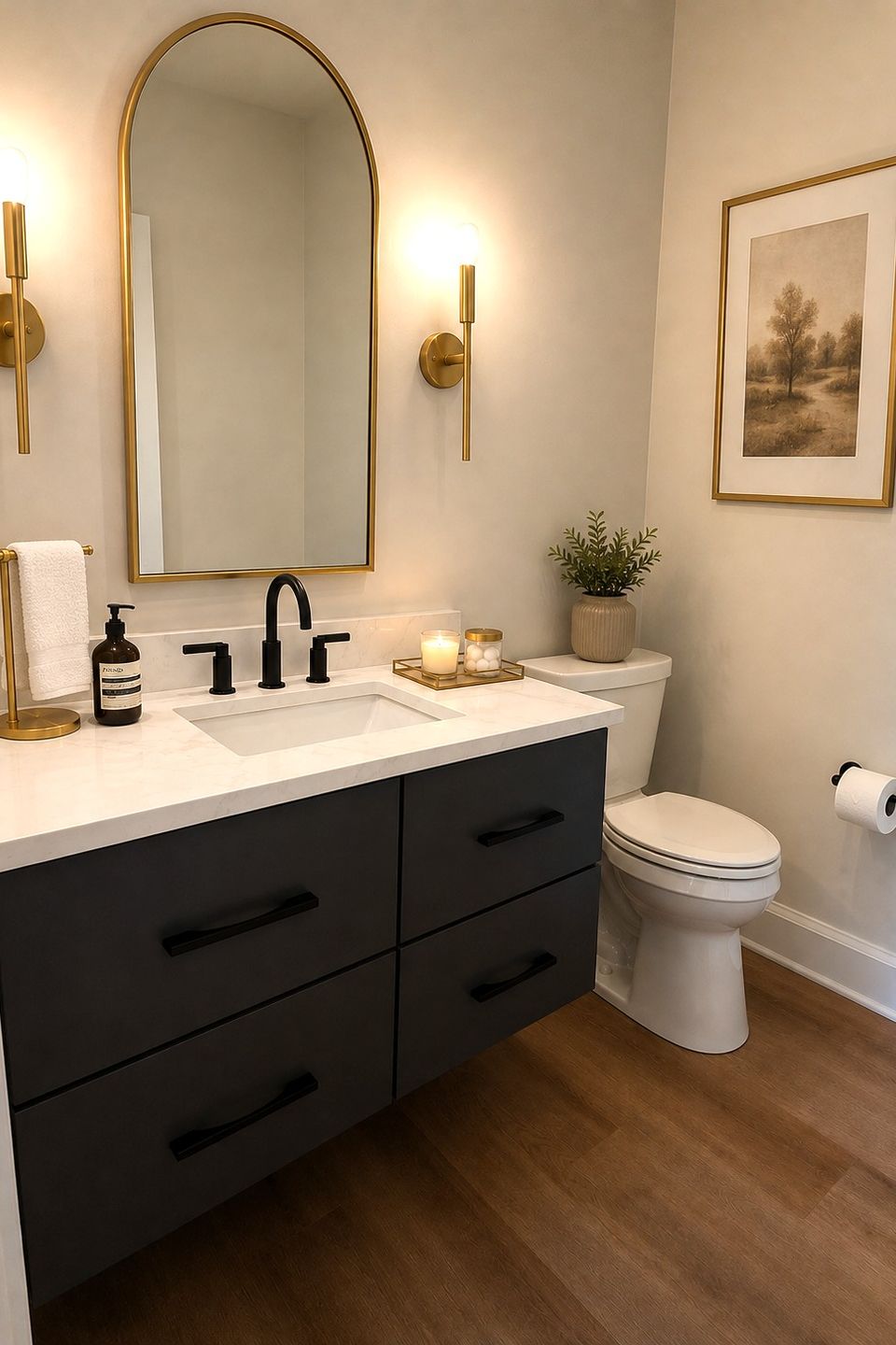 Custom powder room with floating vanity in a Hudson, Ohio home