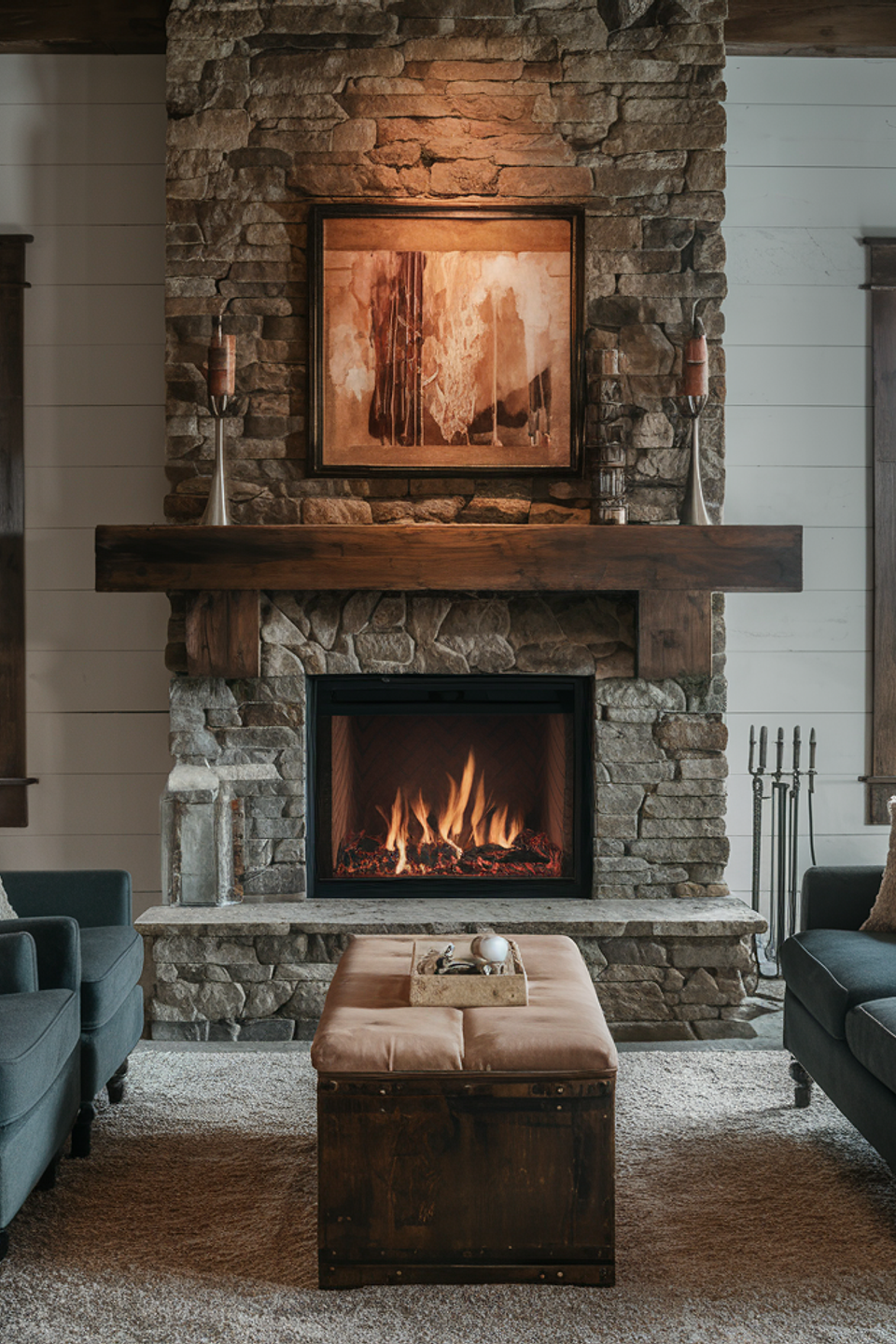 Elegant living room with rustic stone fireplace and wooden mantel, surrounded by plush sofas and a leather ottoman, offering a cozy and stylish interior