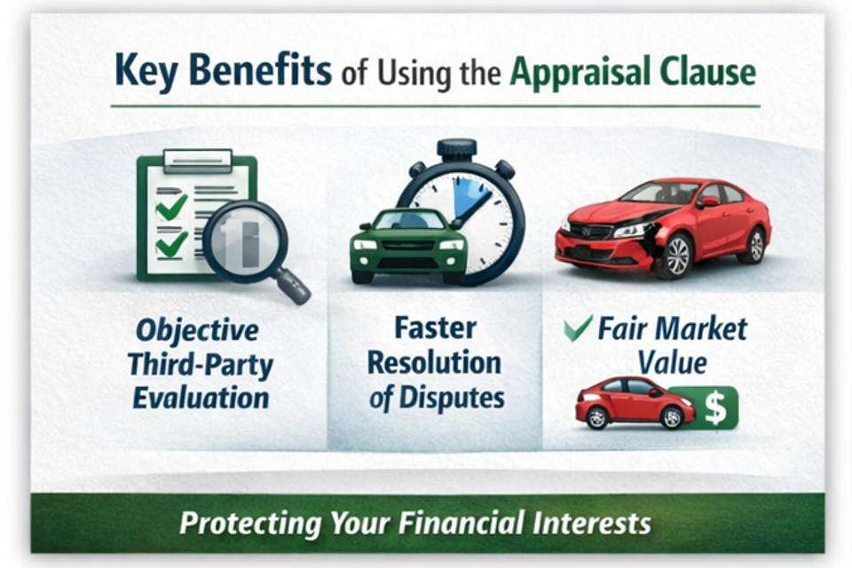 Benefits of the auto insurance appraisal clause including independent evaluation and fair vehicle valuation