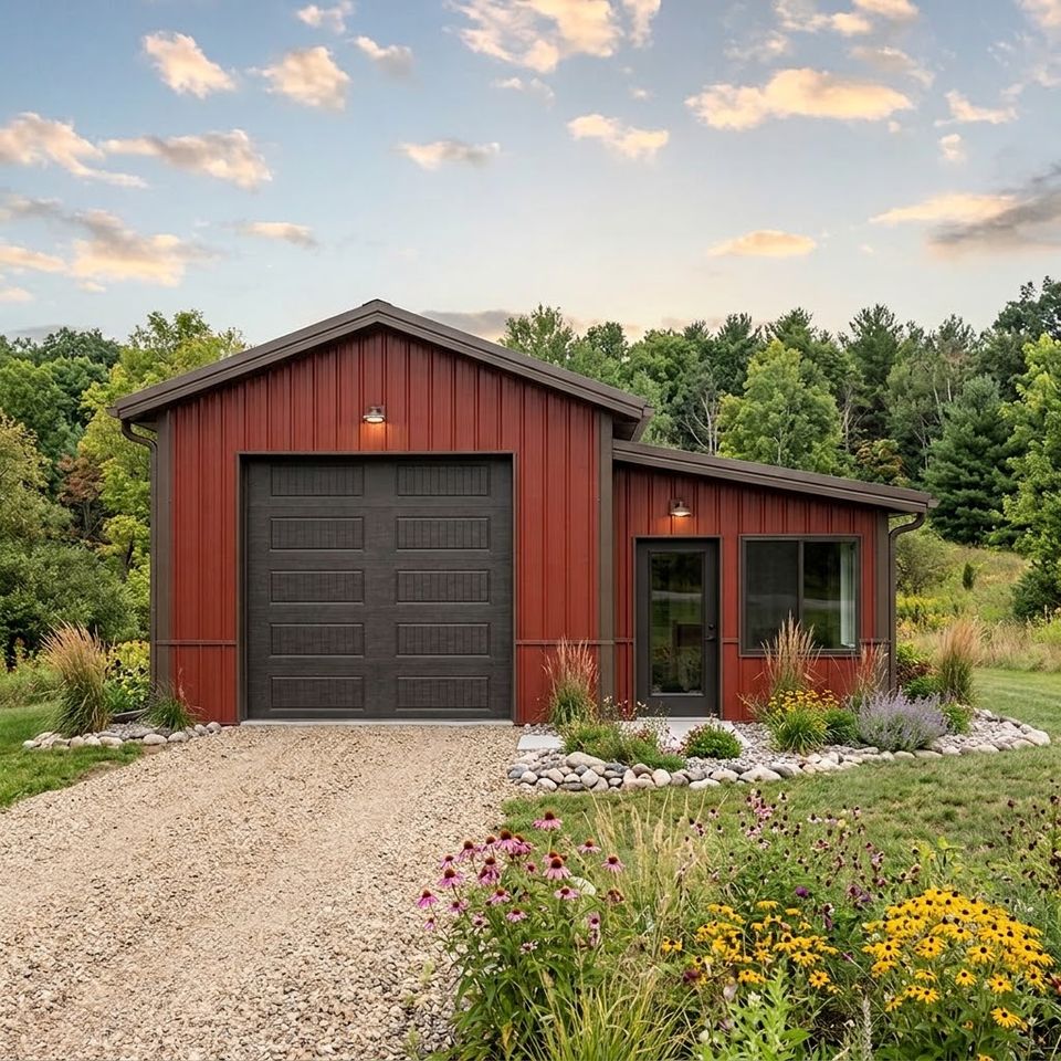 Red vertical roof steel building with brown garage door and gravel drive in Knoxville TN