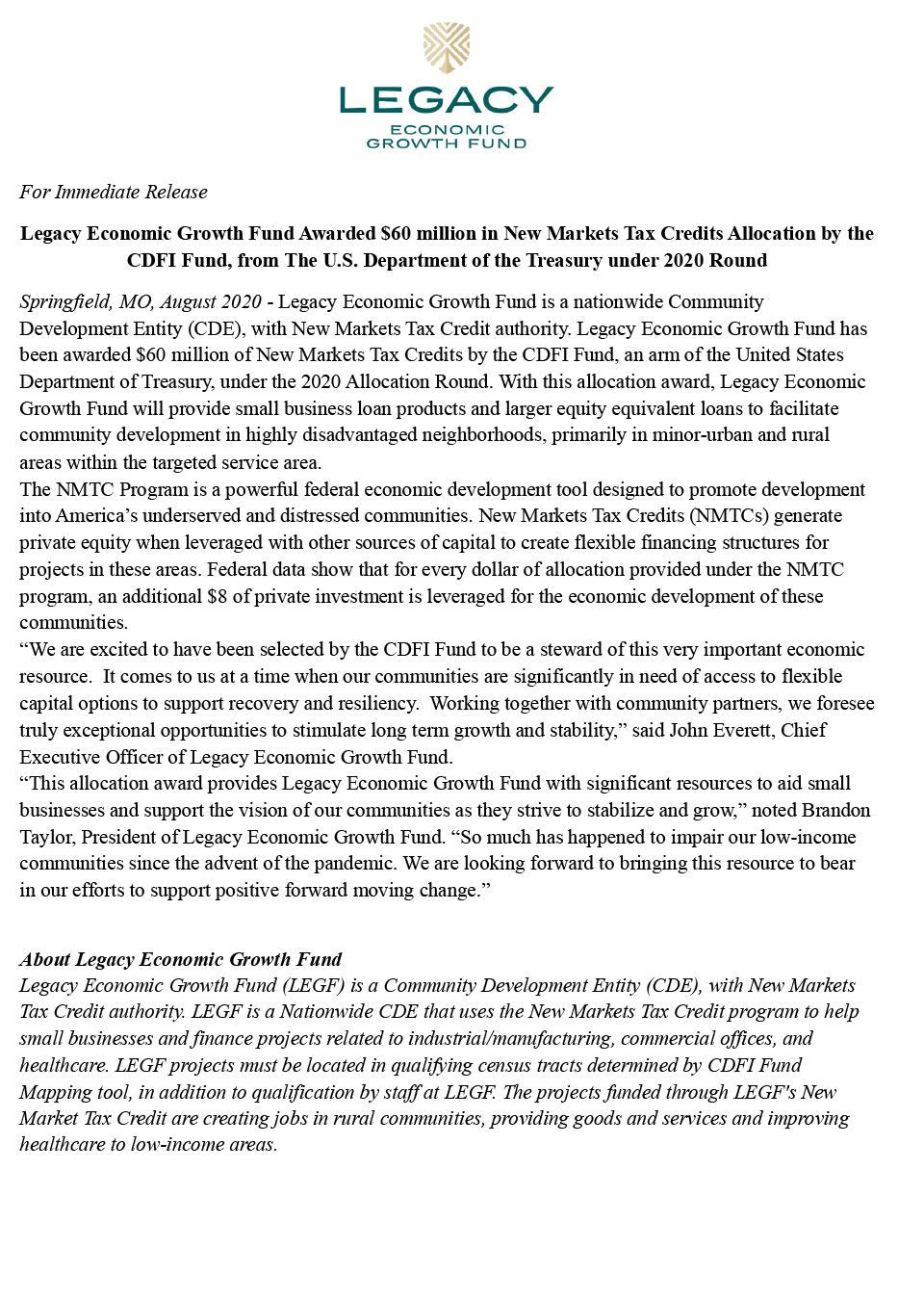 Legf nmtc award press release 2020 round