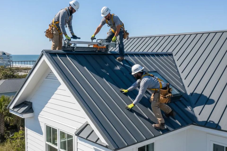 Nova Roofing + Construction LLC professional crew installing a high-performance standing-seam metal roof on a coastal North Carolina home with ocean views.