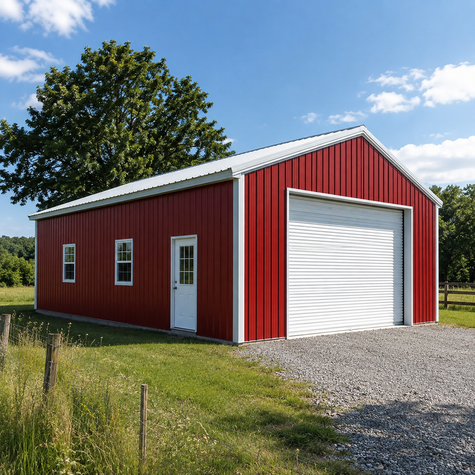 Red metal garage with white roll up door and gable roof on an East Tennessee farm