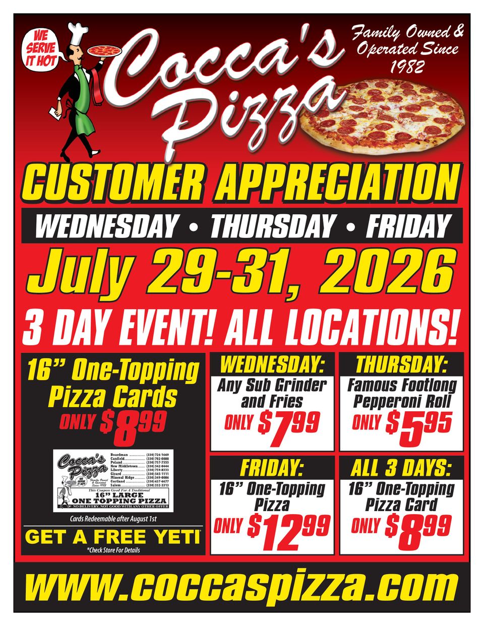 Cocca's Pizza Customer Appreciation Days flyer featuring special pizza, sub grinder, and pepperoni roll deals at all locations July 29–31, 2026.