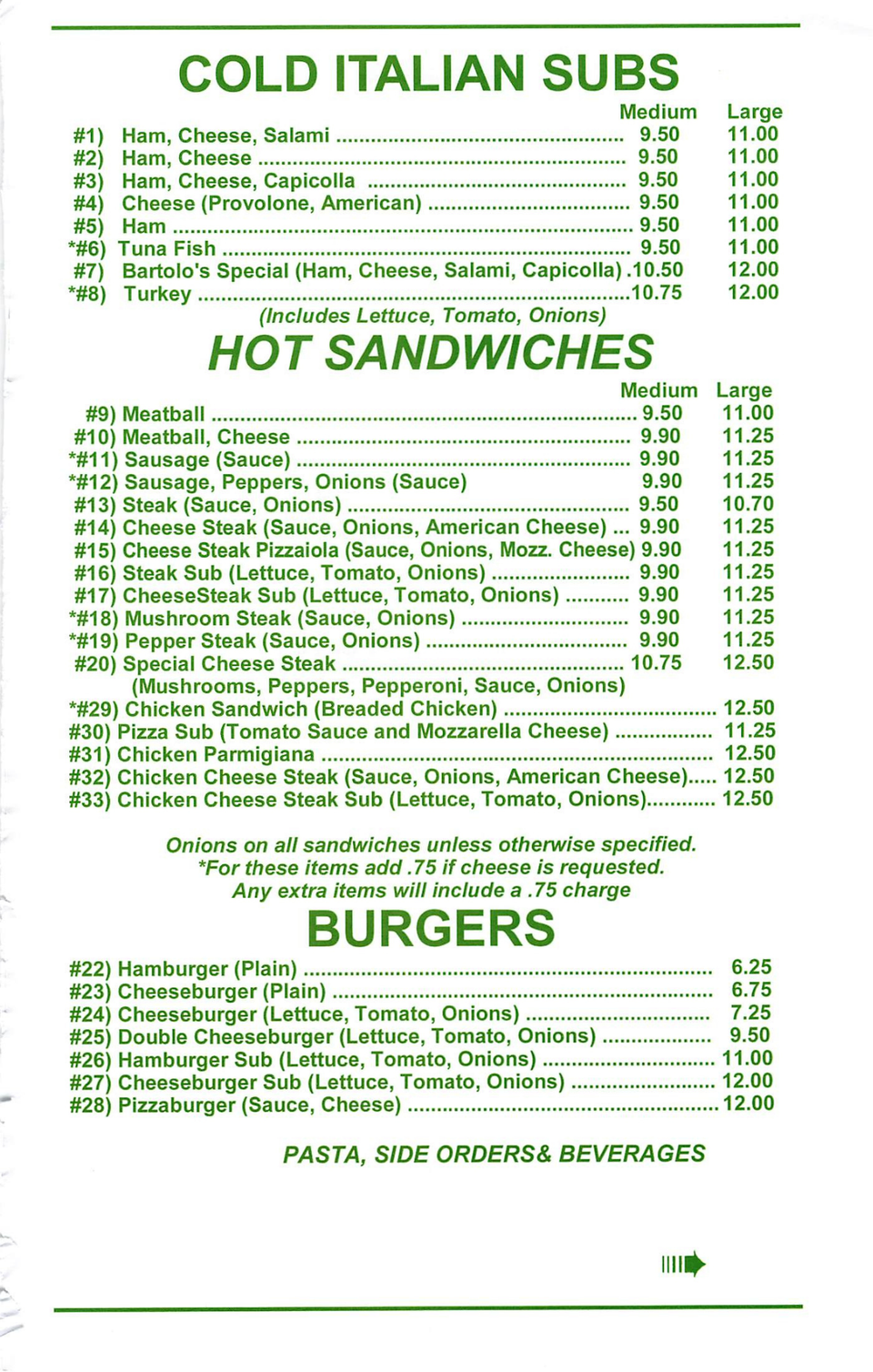 Bartolos Palmyra Subs Burgers Menu