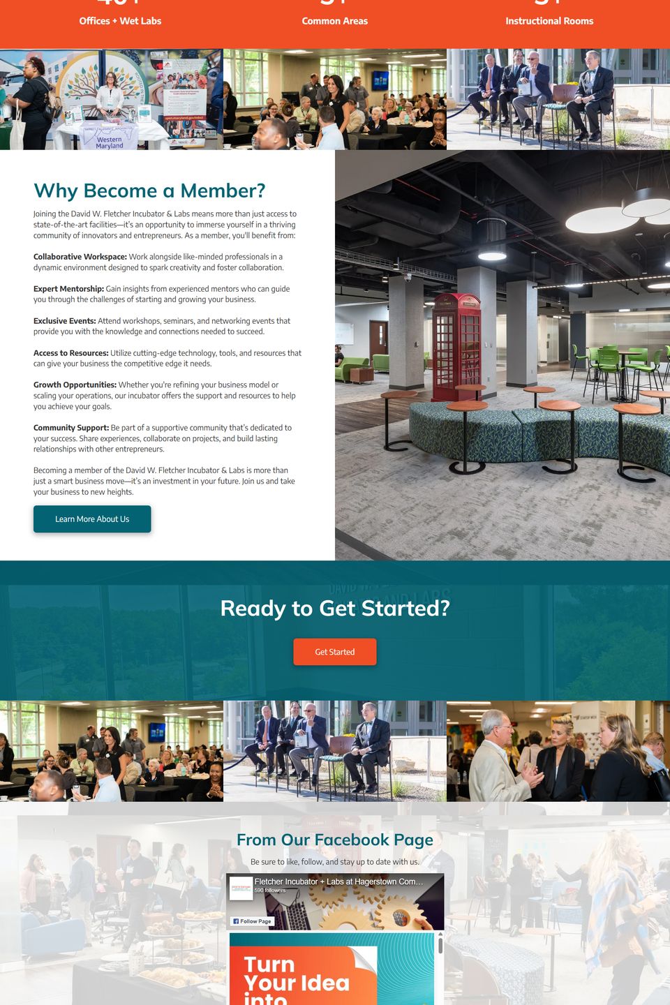 Screenshot of the David W. Fletcher Incubator and Labs website showing member benefits, coworking spaces, mentoring programs, and startup support in Washington County.
