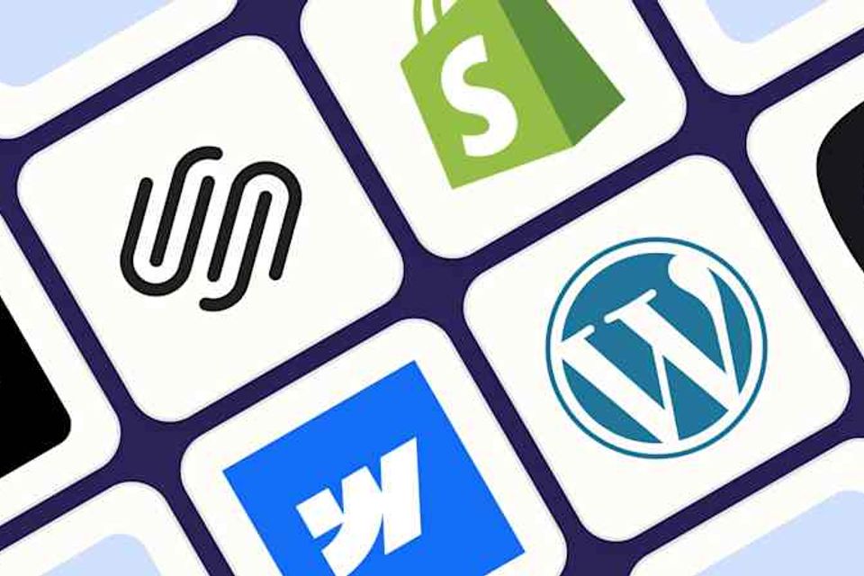 Logos of six website and e-commerce platforms including Wix, Squarespace, Shopify, WordPress, Webflow, and one with a green circular design, showcasing tools for building websites and online stores.