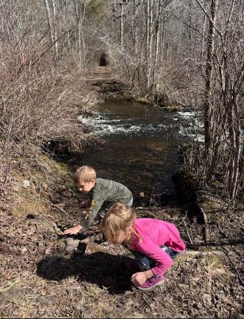 My two oldest poking around in the woods. Playing outside