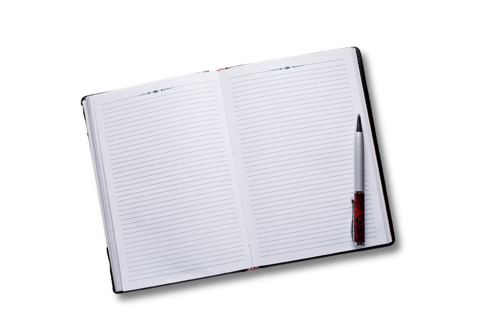 Vistacreate 60644541 stock photo pen on open notes with other supplies on sides   edited