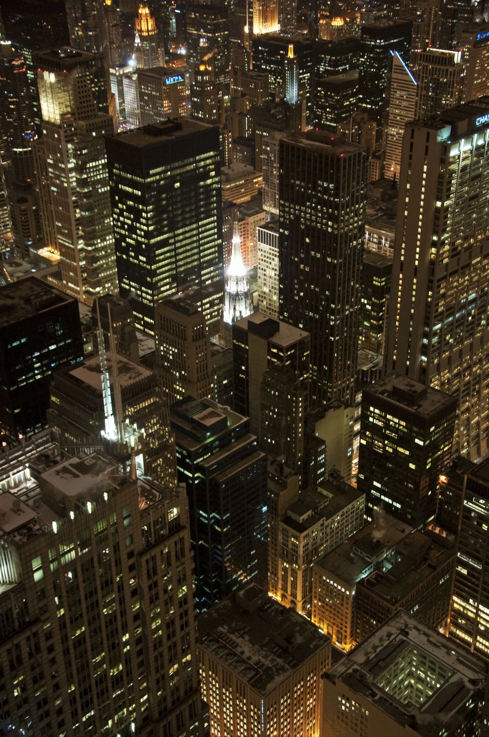 A looming view into Chicago in the depths of the night