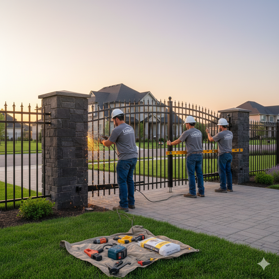 Three Luxeer technicians installing a wrought iron gate between stone pillars at a residential property, using power tools and alignment equipment during sunset
