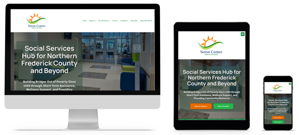 Seton Center nonprofit website displayed on desktop, tablet, and mobile devices showcasing responsive design, mobile optimization, and community-focused layout for Frederick County Maryland.