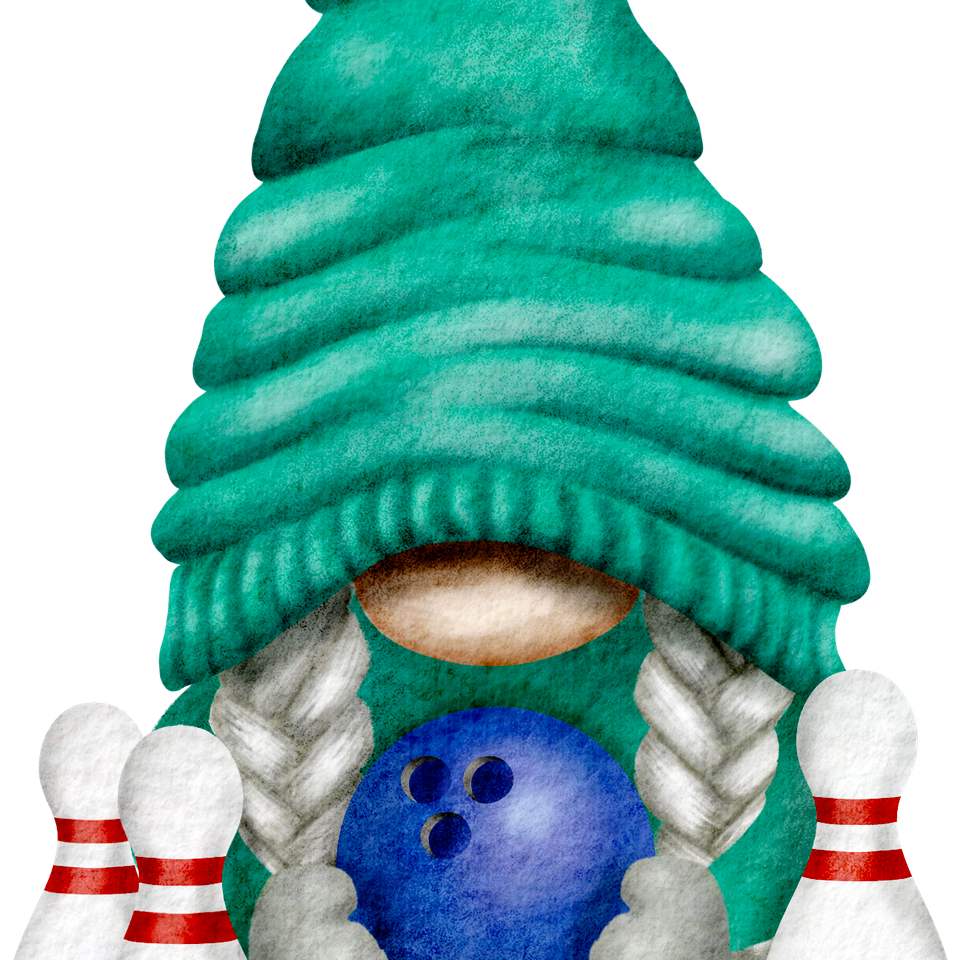 Bowling   gnome with green hat and blue ball