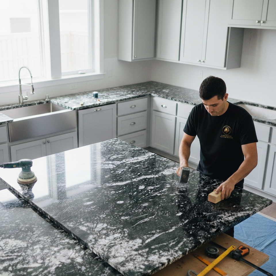 Professional stone fabricator from LuXe Design Tile and Granite inc. performing a precision installation of a luxury black and white veined granite kitchen island in a Newcastle home.