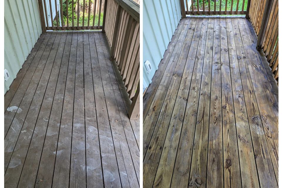 Before and after photos showing a wooden deck cleaned and refreshed with pressure washing.