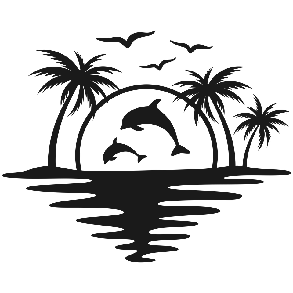 Beach   beach scene dolphin palm tree sunset