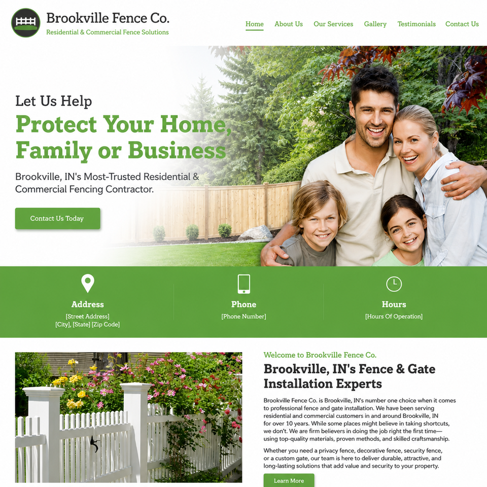 Brookville Fence Co.'s homepage featuring a family standing in front of a wooden fence, with text promoting their residential and commercial fencing services and a "Contact Us Today" button.