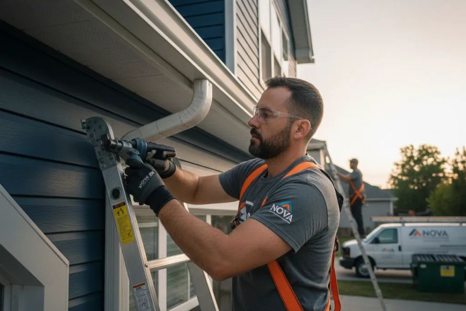Nova Roofing + Construction LLC specialist repairing a residential gutter system, ensuring proper pitch and secure attachment to the fascia for optimal home water drainage.