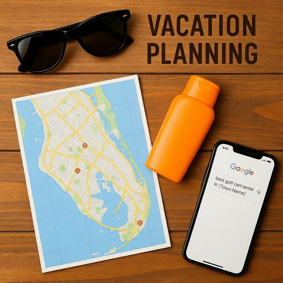 Vacation planning flat lay with sunglasses, map, sunscreen, and a phone searching 'best golf cart rental in [Town Name]