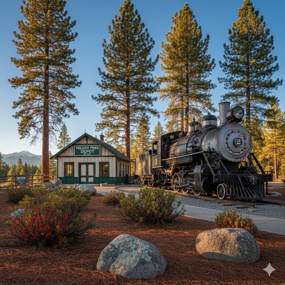 The historic Pollock Pines Depot and a vintage steam logging locomotive on display, surrounded by towering Ponderosa Pines and native mountain landscaping in the 95726 area of El Dorado County