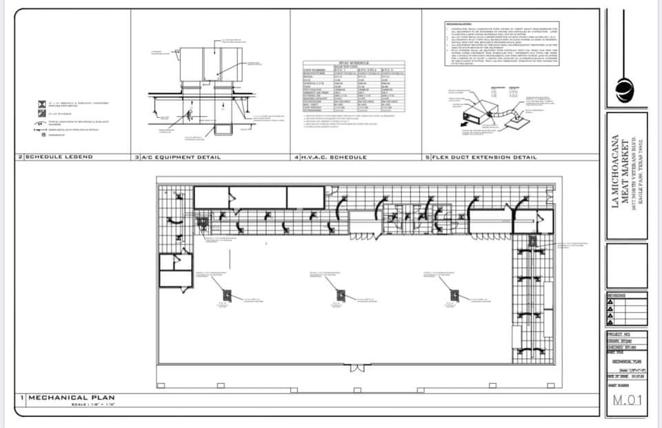 Mechanical plan for La Michoacana Meat Market project by Nadel Design – Layout of mechanical systems, including HVAC, plumbing, and ventilation