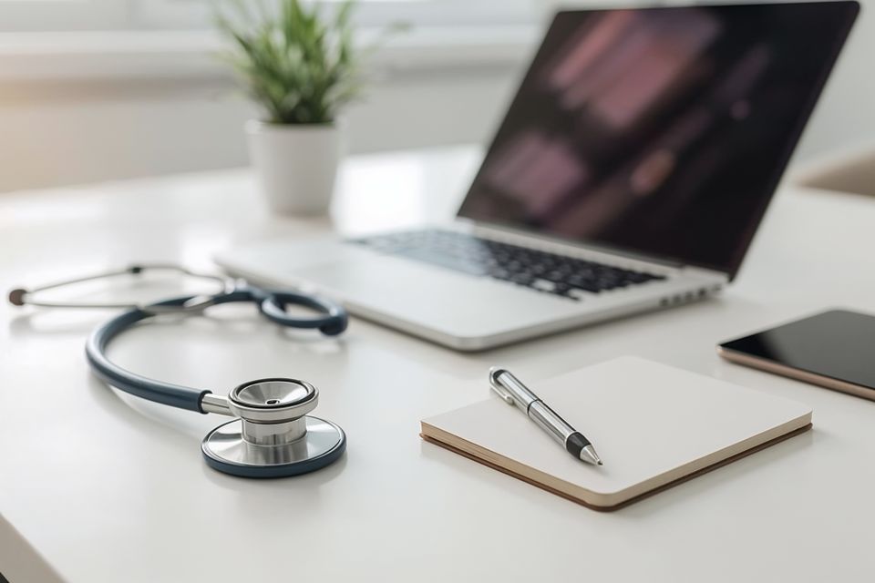 Lucid realism photorealistic close up photo of a stethoscope resting on a clean white desk bes 0