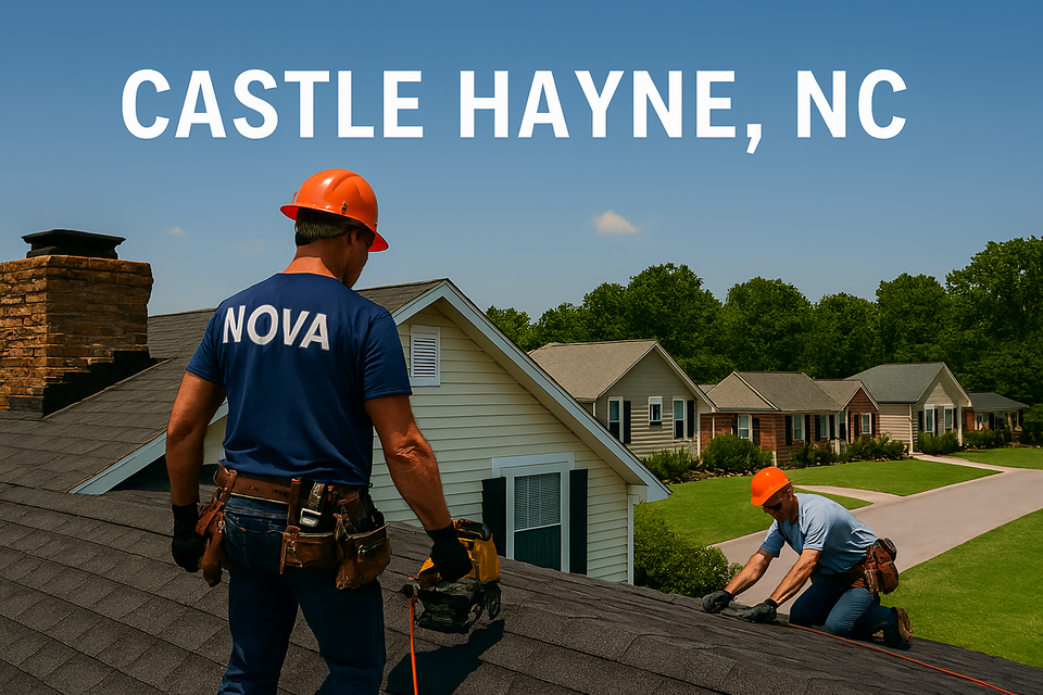 Nova Roofing employees installing shingles on a single-story house in Castle Hayne NC under clear blue sky with safety gear and tools visible
