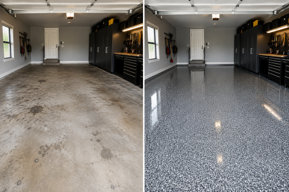 Garage floor expoxy before   after transformation.