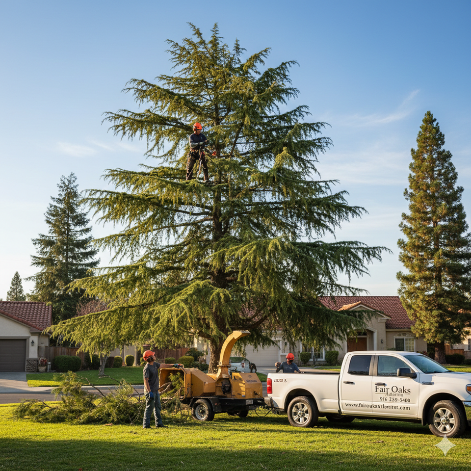 Professional arborists performing evergreen and drought-tolerant tree trimming and removal in a residential neighborhood, with safety gear, wood chipper, and branded service truck on-site