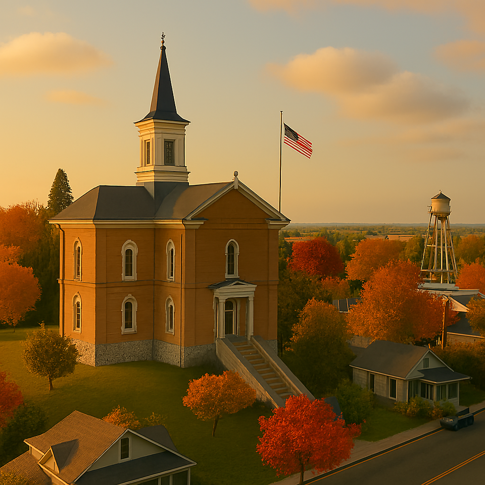 Lincoln CA historic church with white steeple, autumn trees, and water tower under golden sunset