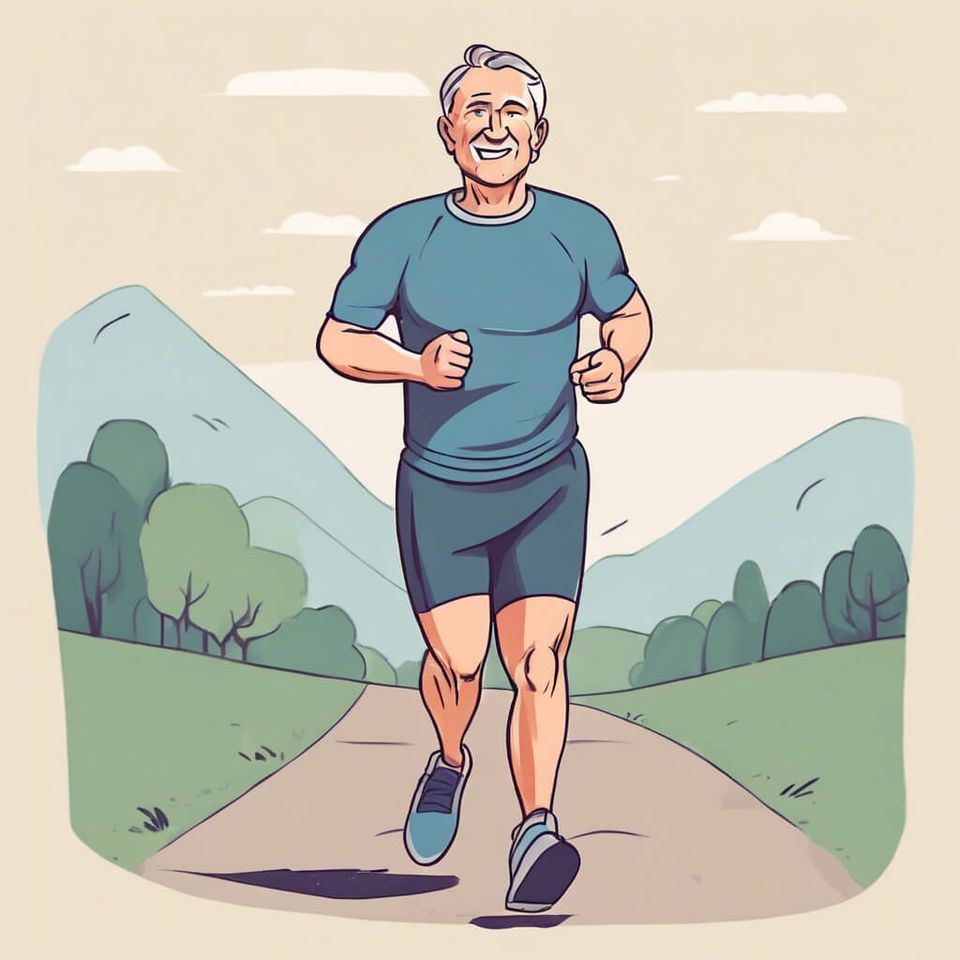 Middle age man going for a jog looks like he is enjoying it