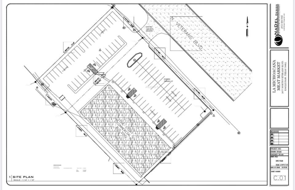 Site plan for La Michoacana Meat Market project by Nadel Design – Layout of the property, building placement, parking, and surrounding features