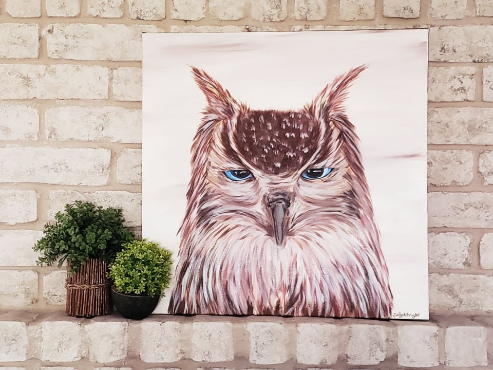 horned owl blue eyes acrylic painting artwork by artist Emily Albright