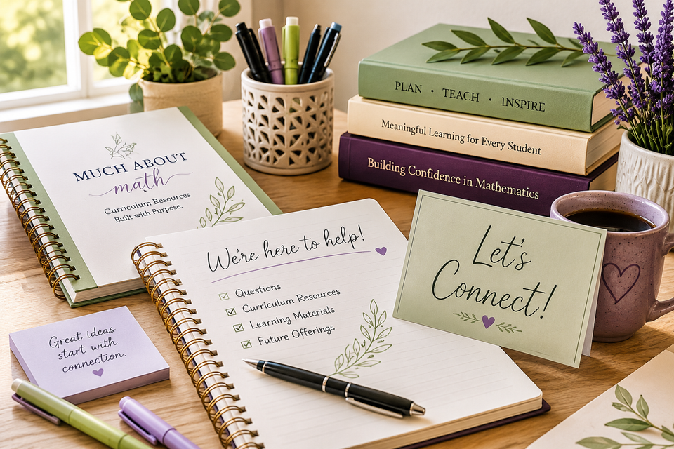 Much About Math contact page image featuring mathematics curriculum resources, student learning materials, notebooks, calculator, educational supplies, and a welcoming workspace for teachers and students.