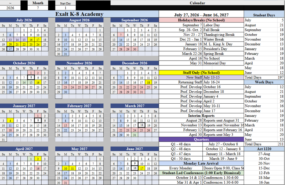 K 8 exalt academy calendar 2026 2027