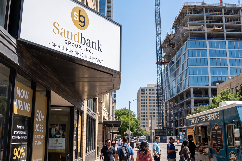 Image depicts downtown area with active construction and a building with a marque that shows the Sandbank Group Logo.