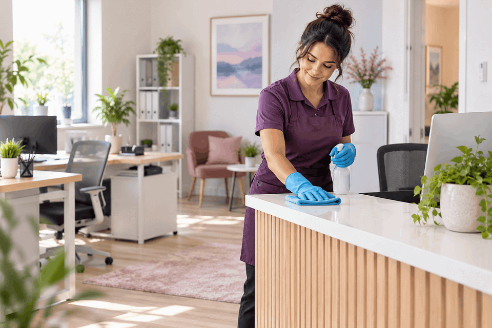 Professional cleaner wiping a reception counter in a bright office