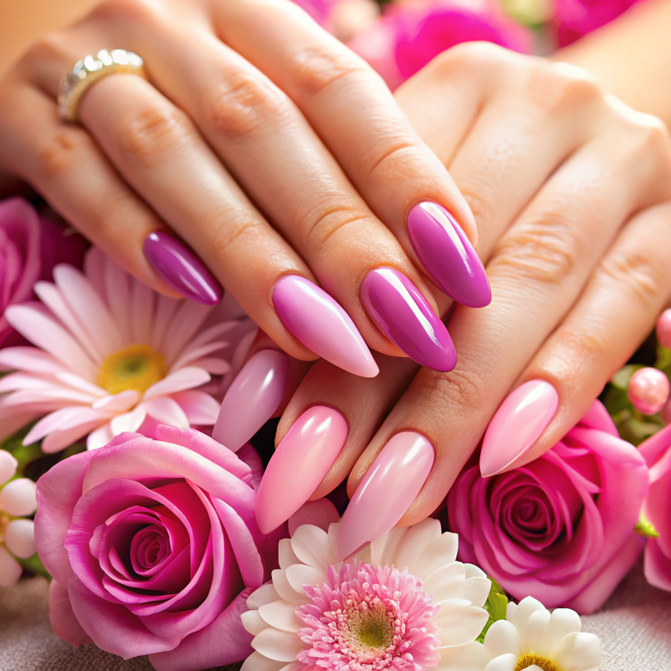 A woman with pink and purple nails after a nail salon visit