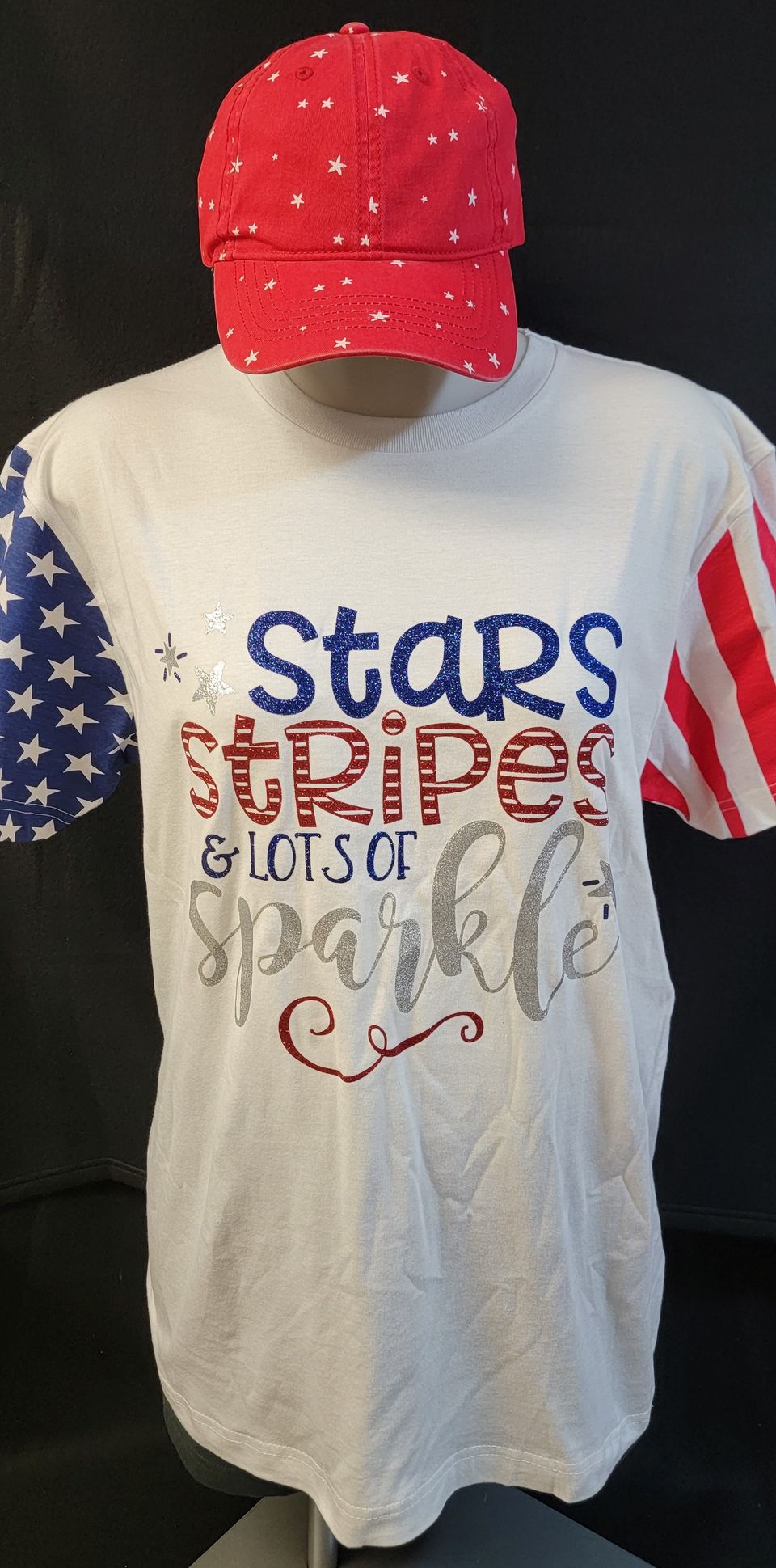 Heat Transfer Vinyl with patriotic stars and stripes on shirt and cap