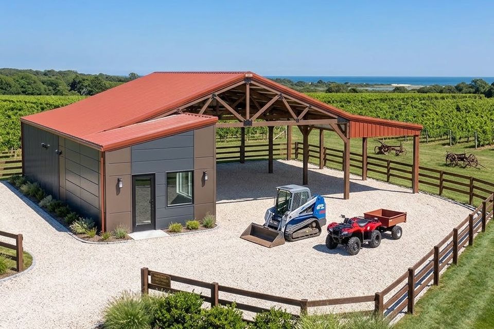 Aerial view of a steel building and open carport with equipment parked on a Knoxville TN farm