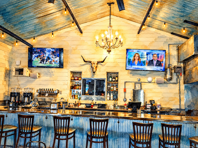 Warm watercolor illustration of Bozo’s bar interior, with its chandelier, bar stools and televisions