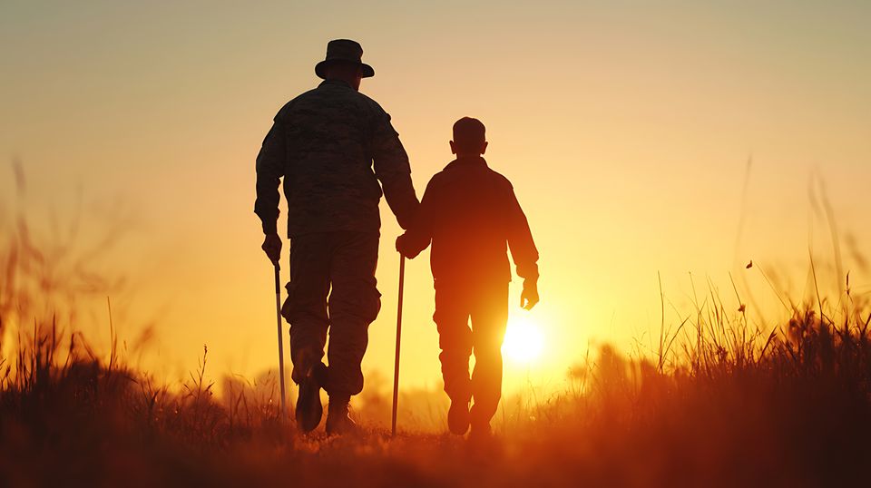 Veteran helping another veteran walk with cane