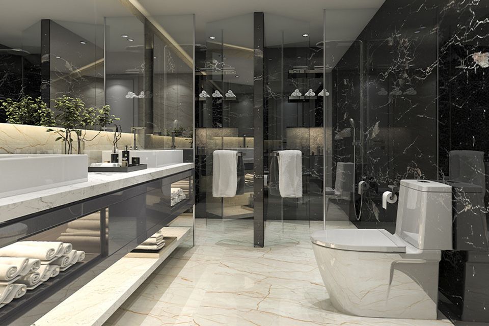 Beige floor tiles white marble base