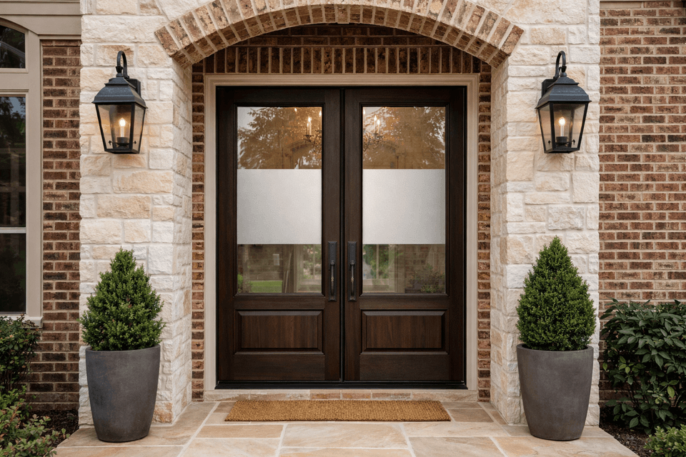 Front entry doors featuring frosted privacy band window film in Sugar Land, TX.