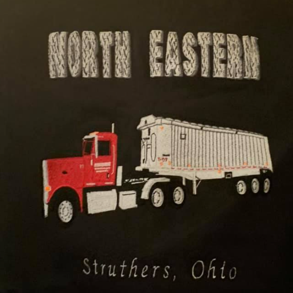 Black shirt displaying a red semi-truck and trailer graphic with "North Eastern" and "Struthers, Ohio" text.