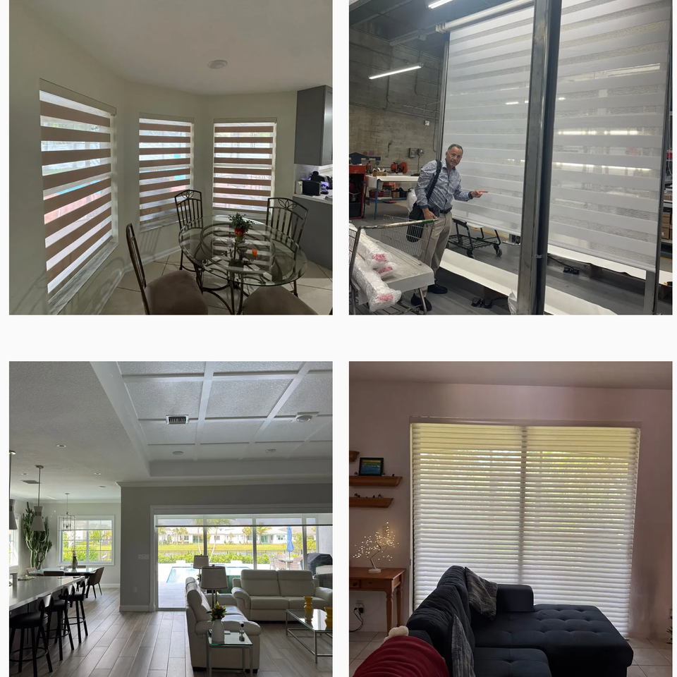 Showcase of zebra shades in a breakfast nook, blinds manufacturing setup, and installed window coverings in modern living spaces