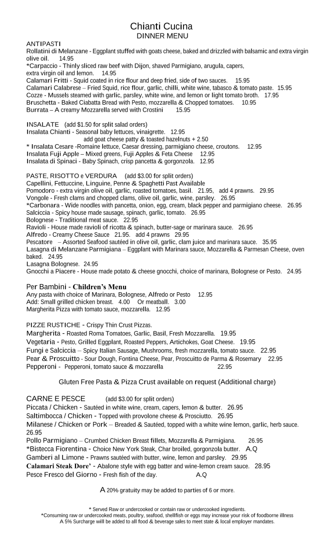 Chianti dinner menu june 2023