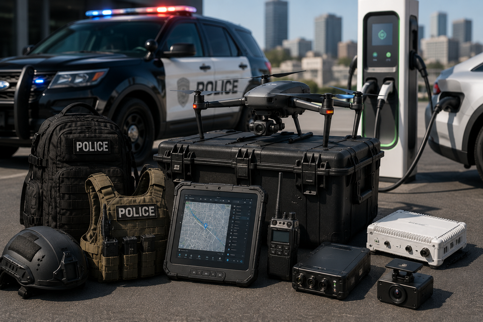 Public safety and tactical fleet solutions including police equipment, drone surveillance systems, rugged technology, fleet telematics, and EV charging infrastructure.