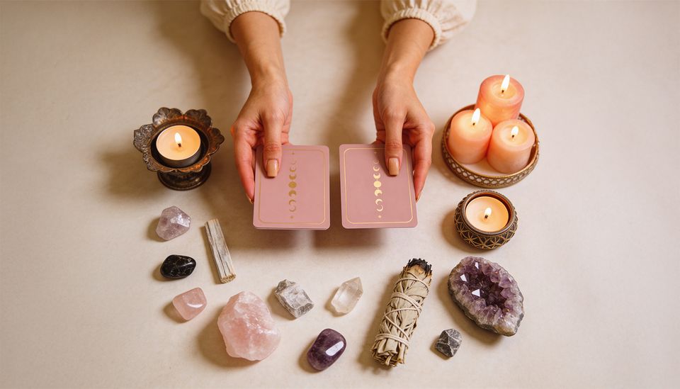 Tarot cards, candles and healing crystals used for psychic readings in Richmond VA